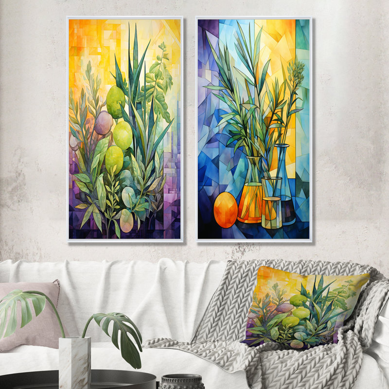 Ensemble de 2 décorations aromatiques délicates I - herbes, Cadre flottant blanc, H 40 po x l 41 po