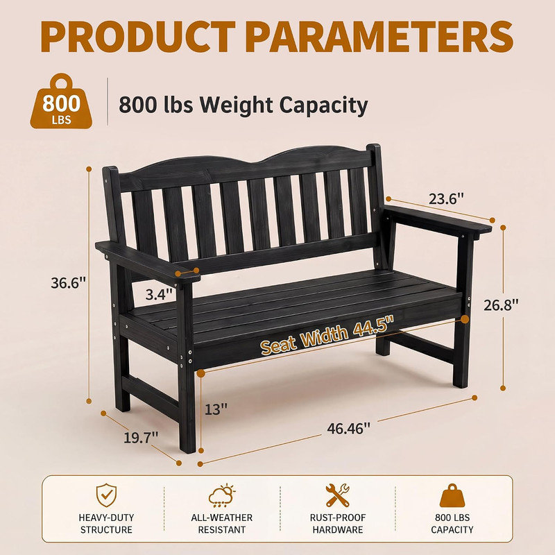 Banc de chaise de patio en polyéthylène résistant aux intempéries, causeuse extérieure pour 2 personnes avec conception à lattes pour cour de jardin