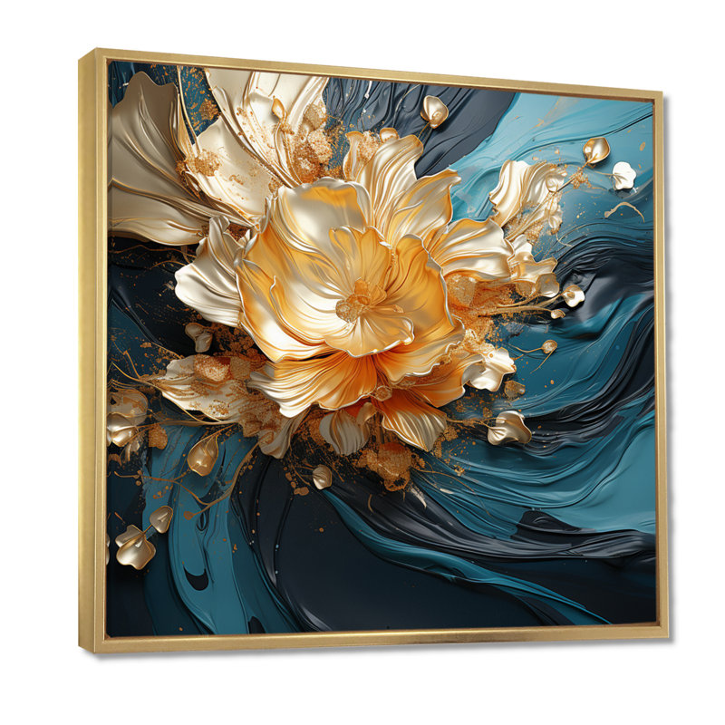 Fleur abstraite dorée sur des vagues bleu sarcelle - art mural floral moderne, Toile avec cadre flottant or