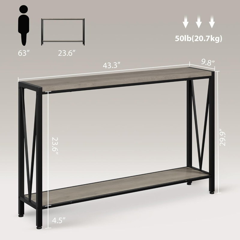 Console Table, Entryway Table With Storage, Industrial Sofa Table With V Design, 2-Tier Narrow Console Table, Gray