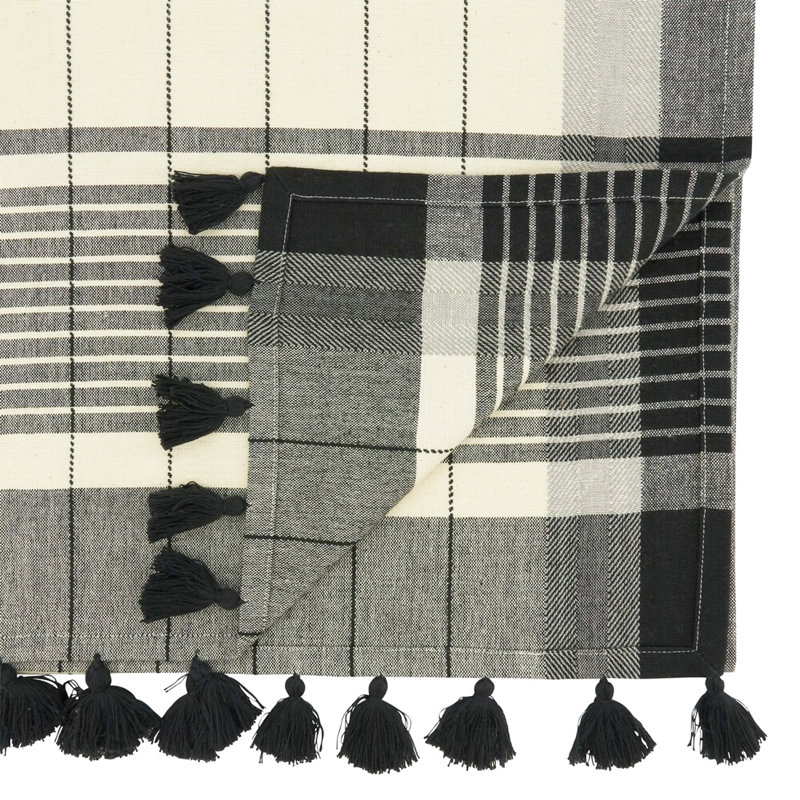 Black & White Woven Striped Tassel Cotton Table Runner 16" W X 72" L 