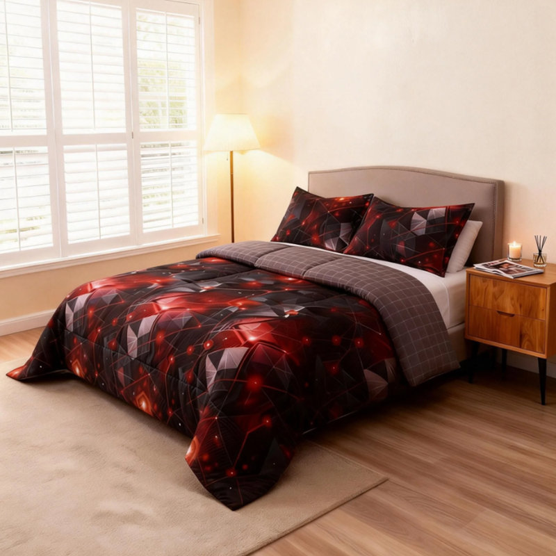 Ensemble d'édredon réversible 3 pièces rouge et noir, motif de galaxie 3D, ensemble de courtepointe très grand lit toutes saisons, ensemble de literie douce et respirante, lavable à la machine, décoration de salle de jeux