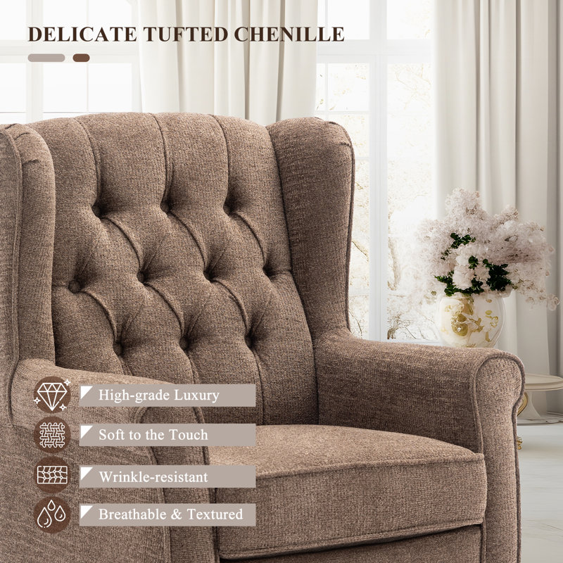 Button-Tufted Wingback Accent Chair - Solid Wood Legs with Rolled Arm &Thick Padded Cushion, Brown Polyester, Brown
