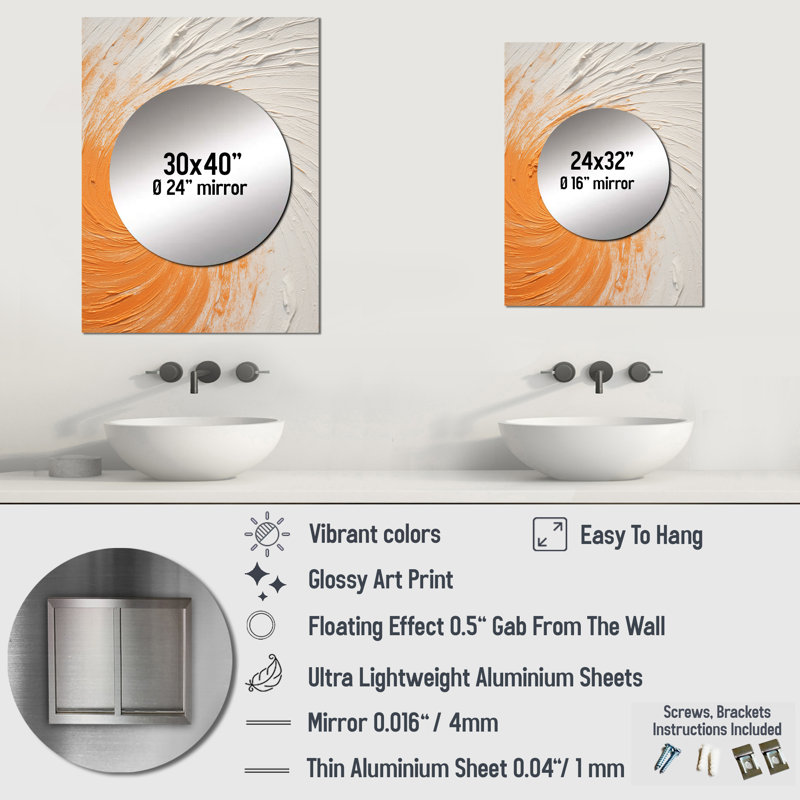 Spirale minimaliste orange et blanc - miroir en spirale, miroir mural orange unique, impression d'art en métal, 32 po x 24 po