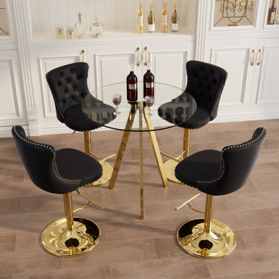 Bar Height Set, Tempered Glass Round Dining Table and Velvet Adjustable Dining Chairs.