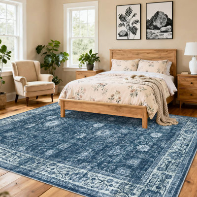 Tapis d'intérieur lavable imprimé à motif floral antidérapant à poils courts pour tapis de salle à manger en caoutchouc souple bleu 10 x 13 pi