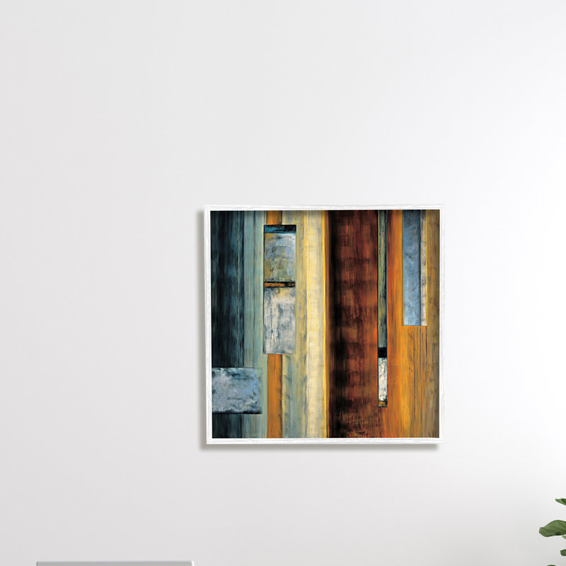 «Rustic Abstraction», brun, orange, bleu, impression, H 12 po x l 12 po, Cadre blanc