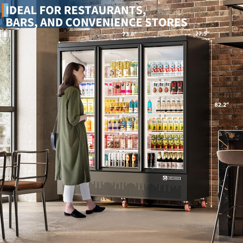56.5 Cu.Ft. Commercial Glass Door Beverage Refrigerator - 3-Door Upright Merchandiser Fridge - Adjustable Shelves, LED Lighting, Fan Cooling, Mobile Design - Ideal for Restaurants, Bars, Grocery Stores, Supermarkets