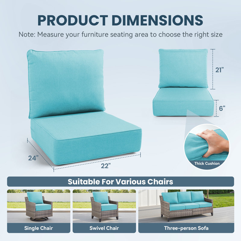 6" Thick Outdoor Cushions 22X24x6, Deep Seat Patio Cushions With Removable Cover, Waterproof & Fade Resistant Replacement For Wicker Chair, Loveseat, Sofa