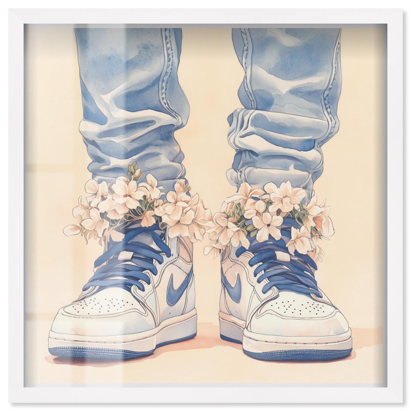 Art mural doux avec espadrilles bleues et fleurs, H 25 po x l 25 po, Blanc