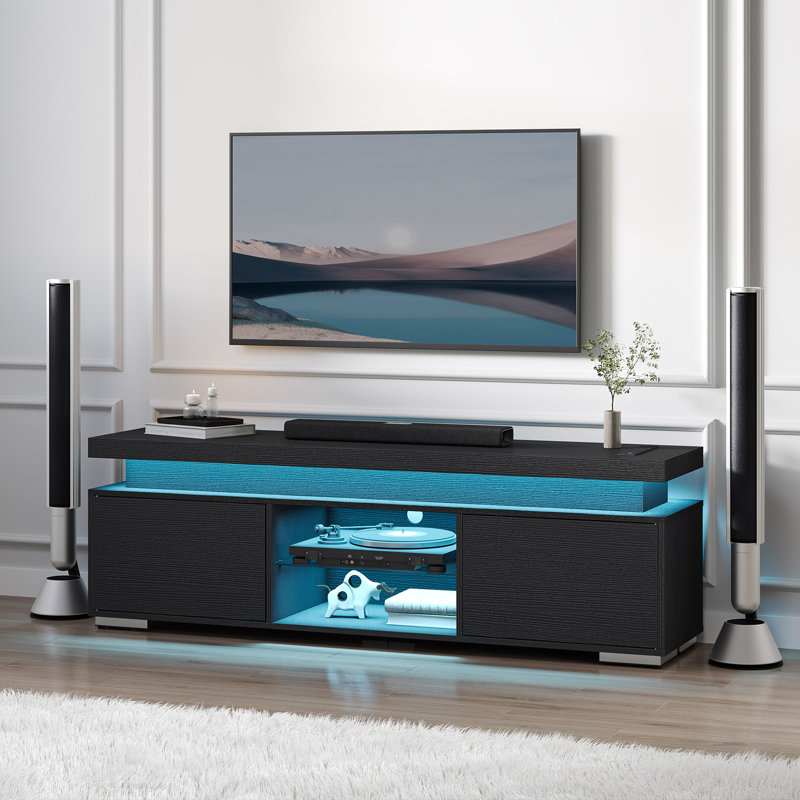 Denai LED TV Stand with 2 Cabinet, Power Outlet and Media Storage for TVs up to 65", Black