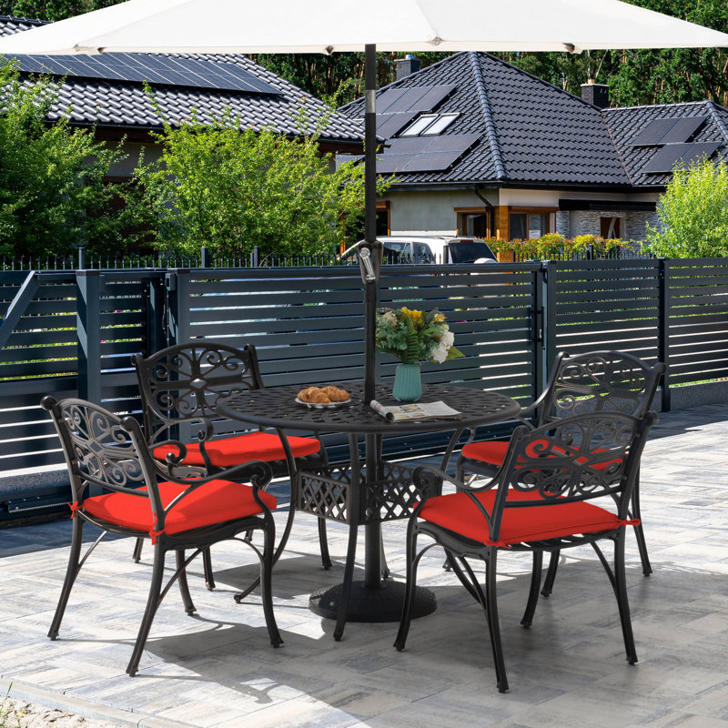 Patio 5 Pieces Cast Aluminum Dining Set With Umbrella Hole And Cushions, Red