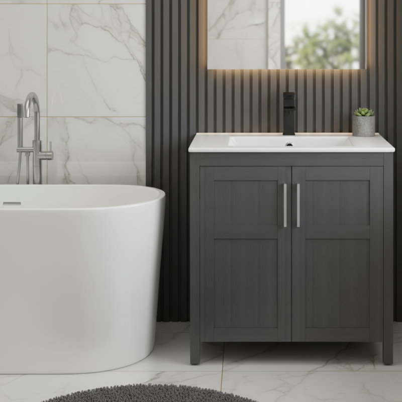 This Black Freestanding Bathroom Vanity Features A Sink And Ceramic Basin With Two Soft-Close Doors. It's Simple Yet Sophisticated, Practical And Stylish.