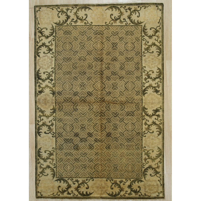 Tapis vert en laine noué à la main Moyne, Rectangle 9 pi x 12 pi