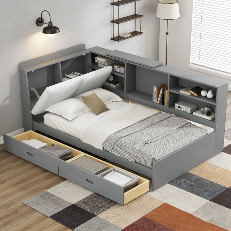 Wood Twin Size platform bed with Storage Headboard, Gray, Twin