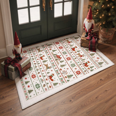 Tapis de salon lavable à poils courts, motif animaux de Noël Fair Isle renard et renne, ivoire/vert