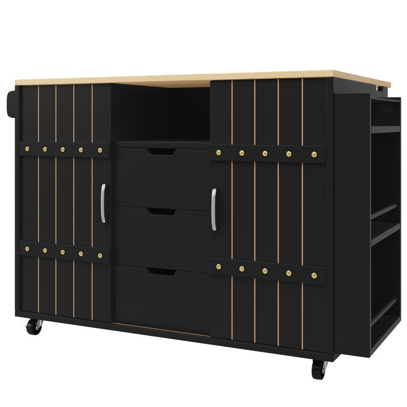 Kitchen Island With 3 Drawers And 2 Sliding Doors, Black