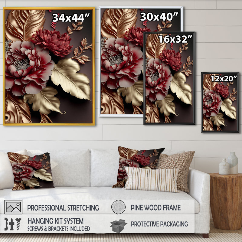Art floral sur toile rose, impression de fleur rétro - Glam rétro II, L 12 po x H 20 po, Toile avec cadre flottant or