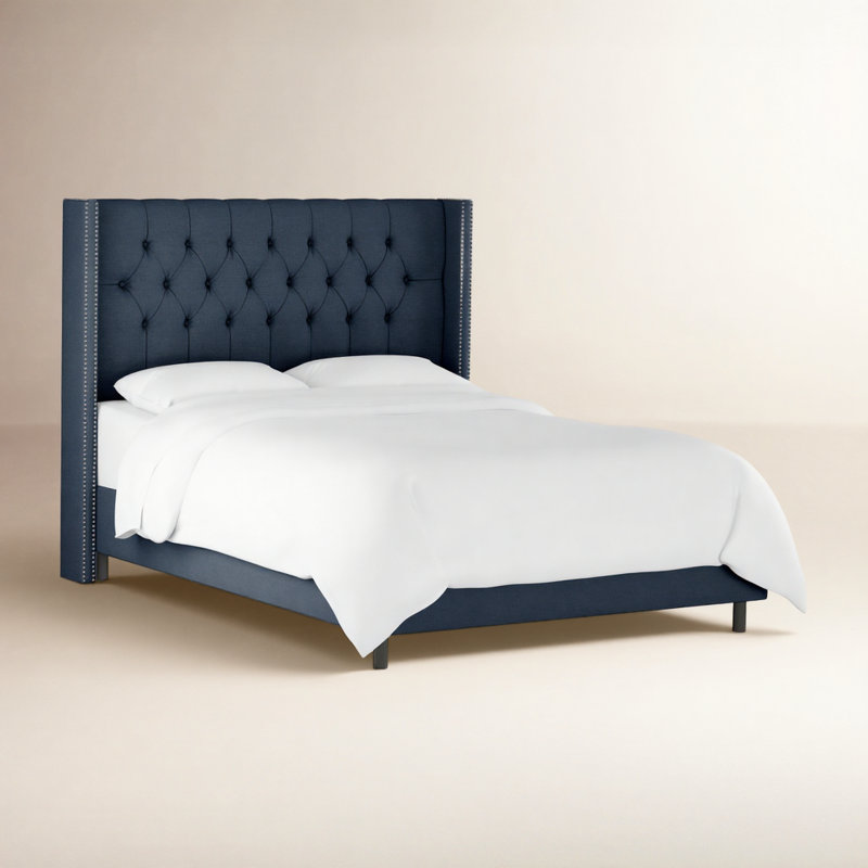 Lit tapissier standard Breckin, Lin bleu marine classique, Simple