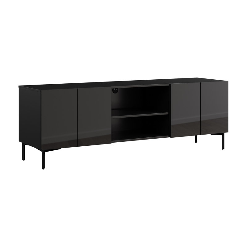Meuble télé 71W avec portes pour centre de divertissement, Noir ultrabrillant / noir