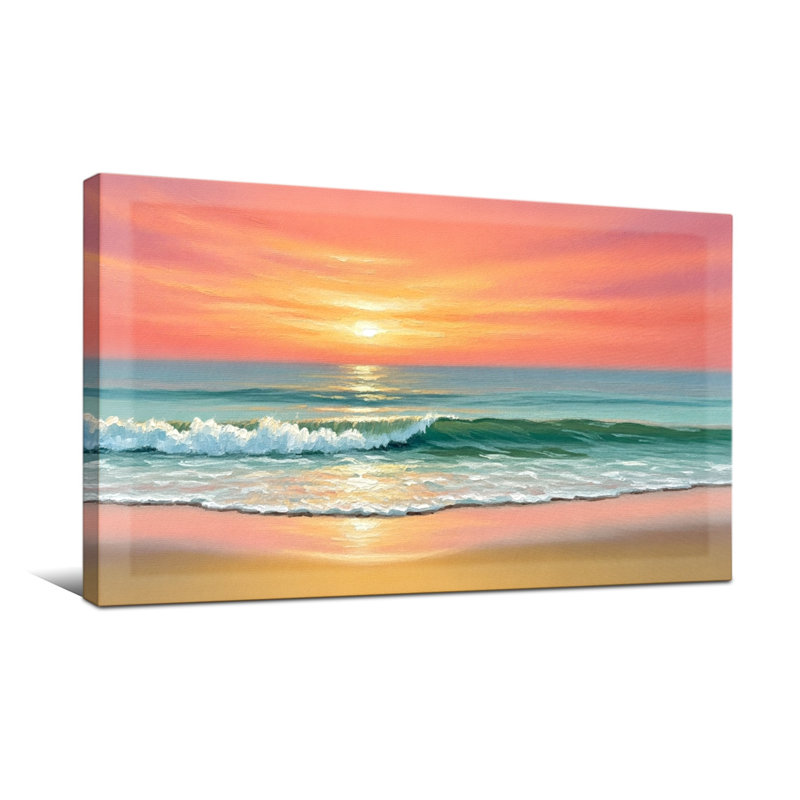 Nautique et plage coucher de soleil océan vagues plage ciel couleurs horizon sable, H 16 po x l 32 po