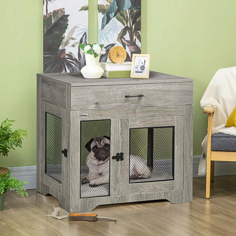 Table de bout pour chien avec tiroir, petits chiens d'intérieur avec 2 portes, Gris
