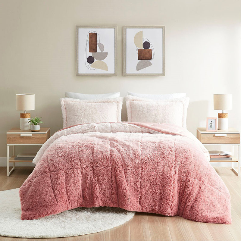 Mini ensemble d'édredon à poils longs Ombre, Édredon très grand + 2 taies décoratives, Rosé