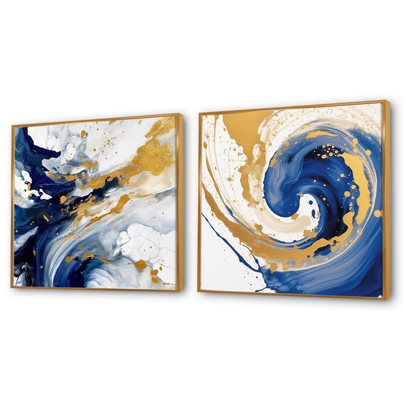 Bleu foncé et spirale dorée - ensemble de 2 collages carrés abstraits en spirale, H 16 po x l 33 po, Encadrement doré