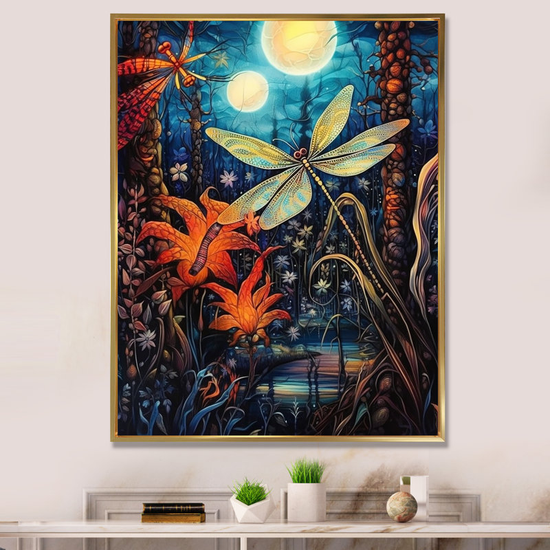 Majestueuse libellule dans une forêt enchantée, H 44 po x l 34 po x P 1,5 po, Cadre flottant doré