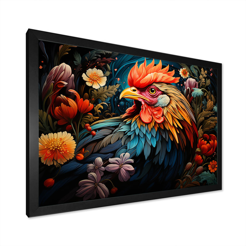Coq coloré, prairie florale - coq animal, art mural, Cadre d'angle fermé noir, H 24 po x l 32 po x P 1 po
