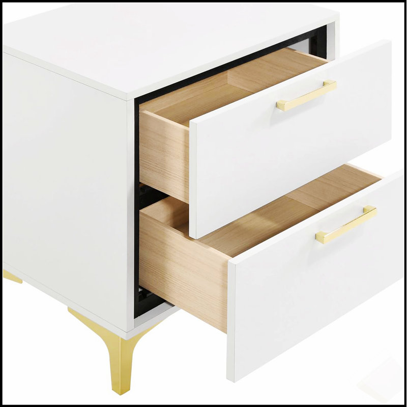 Table de chevet 2 tiroirs Lush White and Gold, espace de rangement spacieux pour les chambres modernes et élégantes