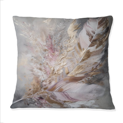 Coussin décoratif rose à motif de plumes majestueuses Boho Majesty I