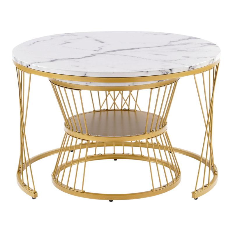 Amahya Frame Coffee Table with Storage, Gold, White Marble