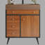 Meuble-lavabo autoportant de 30 po de style Mid-Century moderne avec lavabo en céramique et plateau en pierre frittée - porte à fermeture en douceur et 3 tiroirs, finition noyer avec accents dorés, armoire de rangement en bois massif multicouche-1260066315