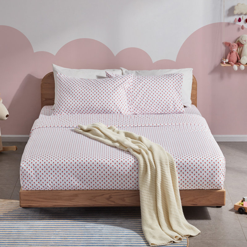 Ensemble de draps pour enfants, Full Sheet Set + Fitted Sheet + 2 Pillowcases, White/Red