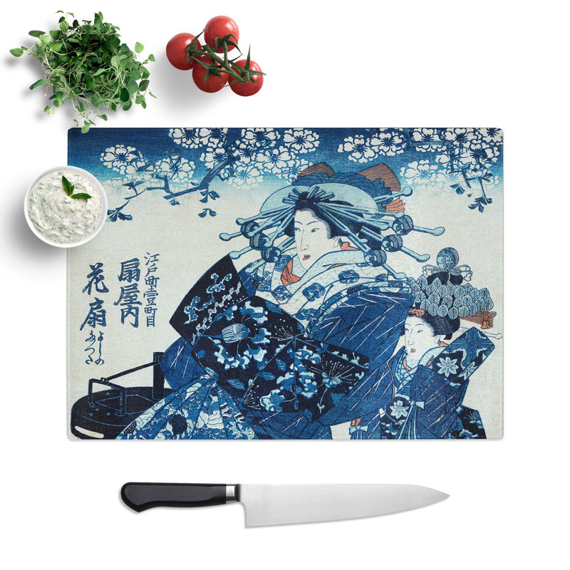Tempered Glass Ogiya Uchi Hanaogi by Utagawa Kuniyoshi Chopping Board, 28.5 cm W x 20 cm L