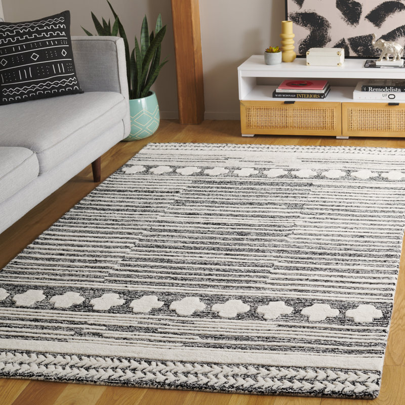 Landrie Hand Tufted Wool/Cotton Southwestern Rug in Ivory/Black, Rectangle 5' x 8'