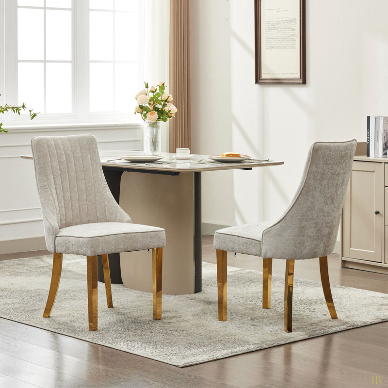 Rayon Cloth Flocking Chenille Dining Chairs Channel Kitchen Dinner Chair Comfy  Fabric Upholstered Accent Chair For Dining Room With En Stainless Steel Plating Legs,Set Of 2