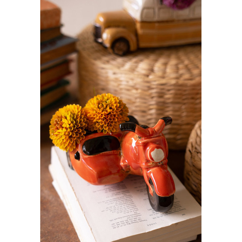  Moto en céramique avec pot à fleurs Sidecar, Bleu