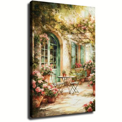 French Courtyard Garden Canvas Wall Art, Romantic Patio Scene with Flowers, Sunlight, and Bistro Chairs for Rustic Country Home