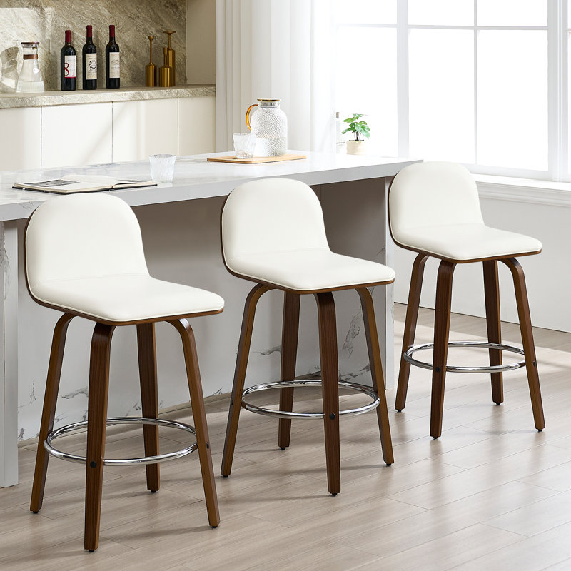 Tabouret de bar pivotant en noyer rembourré, Crème