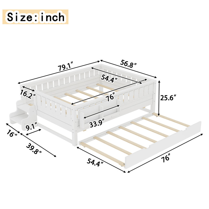 Lit double avec tablettes intégrées, petit escalier, rails de sécurité et lit gigogne de haute qualité, blanc, Blanc