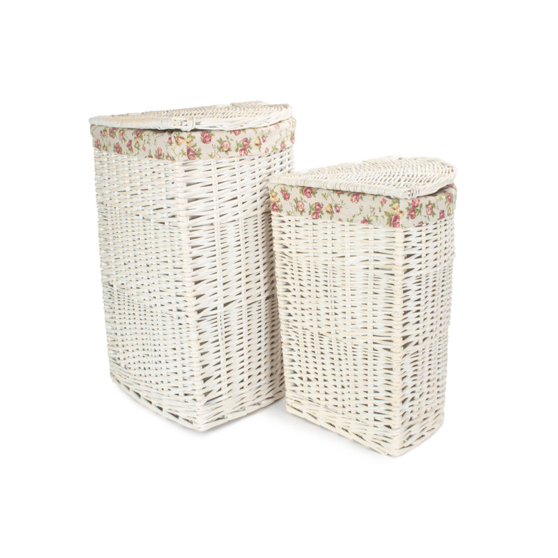 Wicker 2 Piece Corner Laundry Bin Set with Garden Rose Lining, White Wash