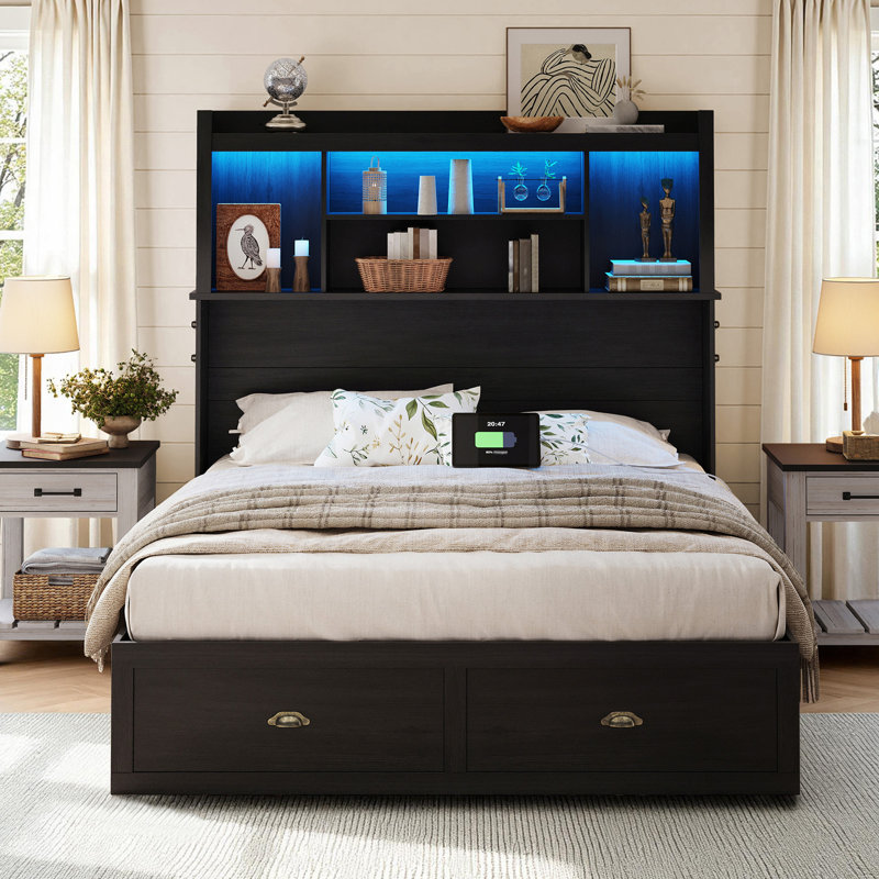 Farmhouse Full Murphy Bed with  Bookcase Headboard & Built-In Desk & LED Lights Black, Black, Full