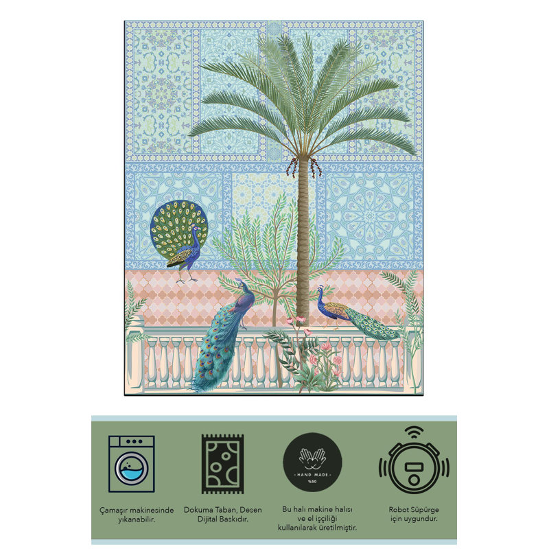 Tapis décoratif à motif numérique Palm Peacock, Tapis de couloir 3 pi 3,37 po x 9 pi 10,11 po