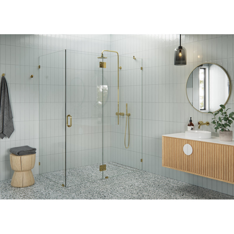 Cabine de douche à charnière en verre sans cadre à 90 degrés Halo 59 po x 35 po x 78 po Halo, Laiton poli