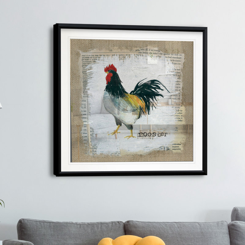 «Burlap Rooster», reproduction d'impression sur papier, H 30,5 po x l 30,5 po x P 1,5 po, Cadre plastique noir