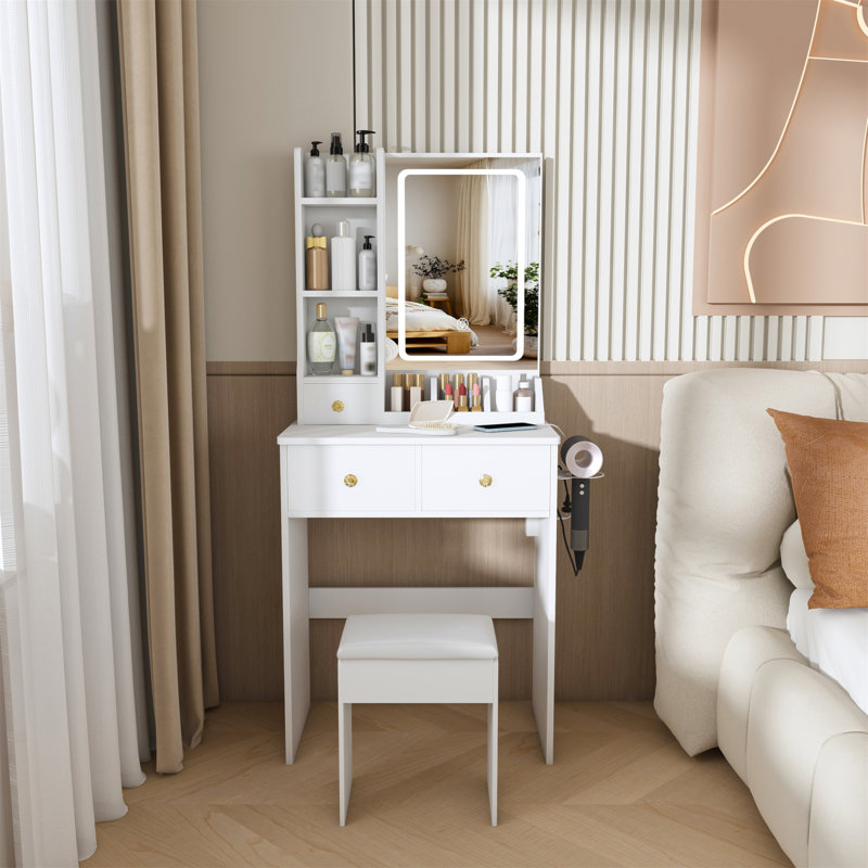 Vanity Desk With Drawers And Storage Shelves, Dressing Table With Hair Dryer Holder And Power Socket, One Dressing Chair