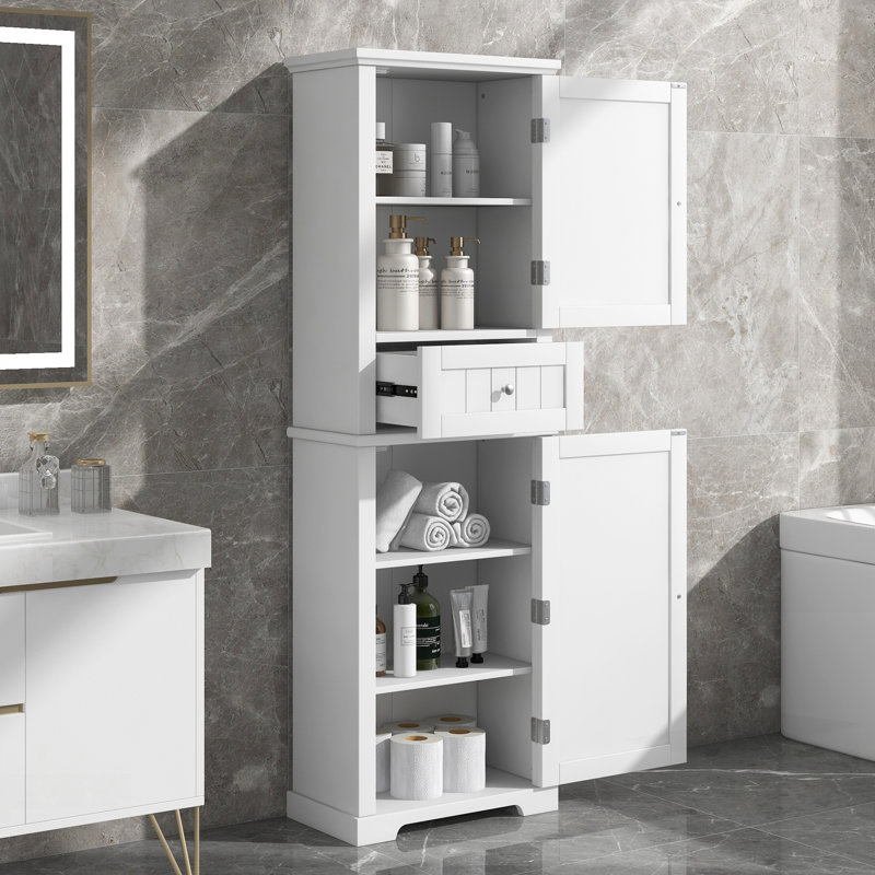 Tall Freestanding Bathroom Storage Cabinet With Drawer And Adjustable Shelf, Durable MDF Board With Painted Finish, White