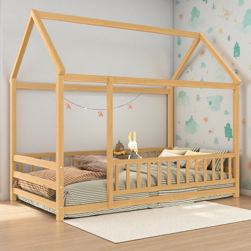 Floor Wooden Bed With House Roof Frame, Fence Guardrails, Natural, Twin